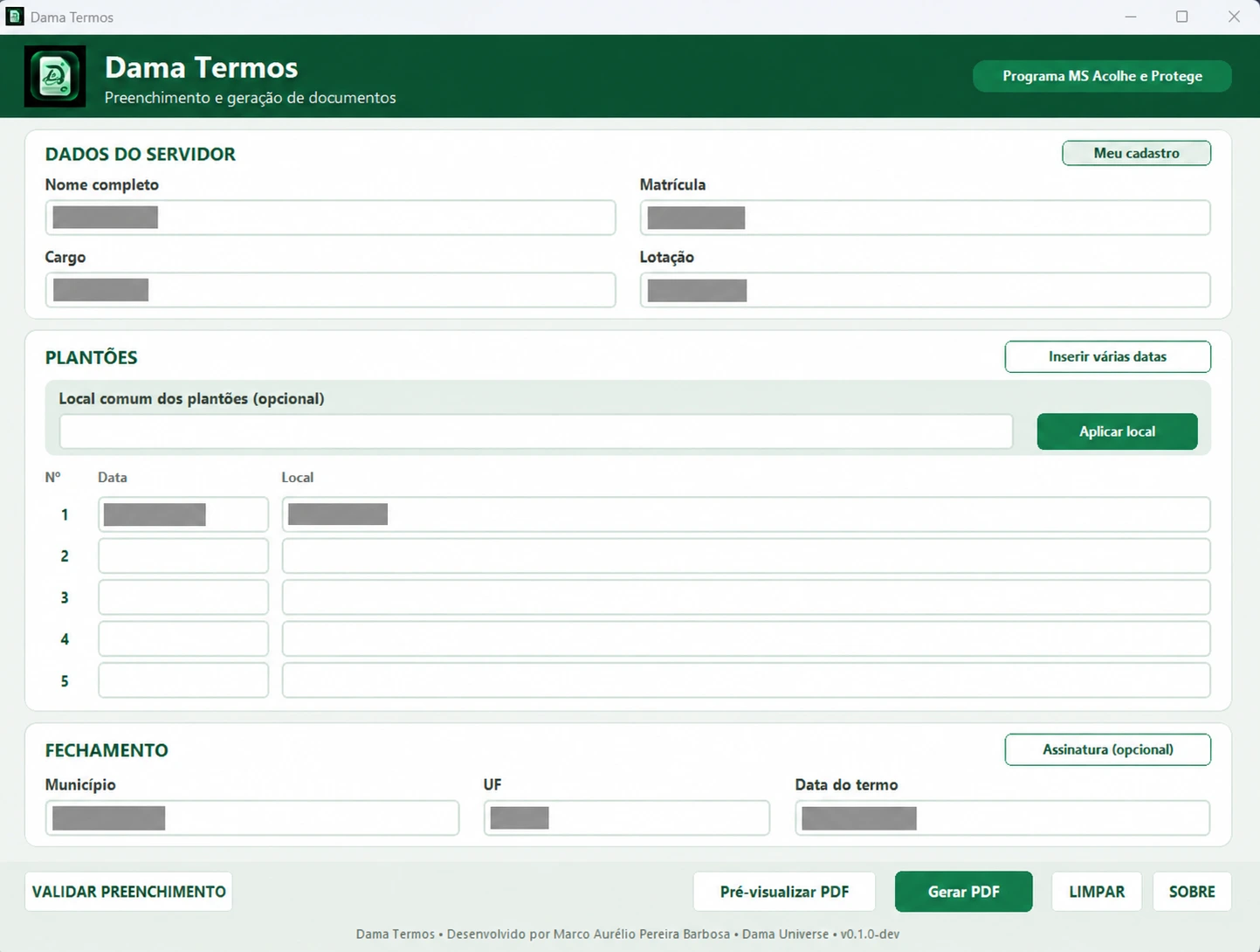 Interface do Dama Termos com dados do servidor, plantões e fechamento; valores de preenchimento ocultados